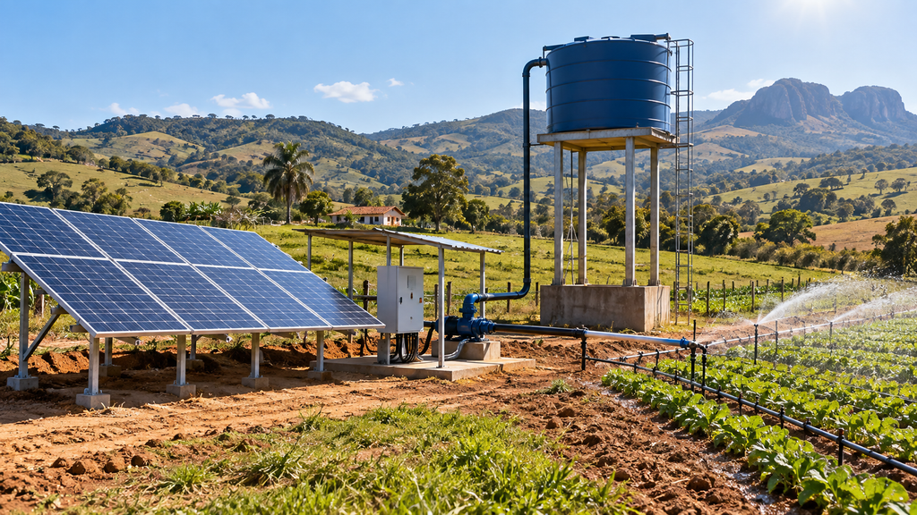 Sistema de irrigação solar em fazenda brasileira com inversor para bomba de 7,5 kW, painéis fotovoltaicos e reservatório