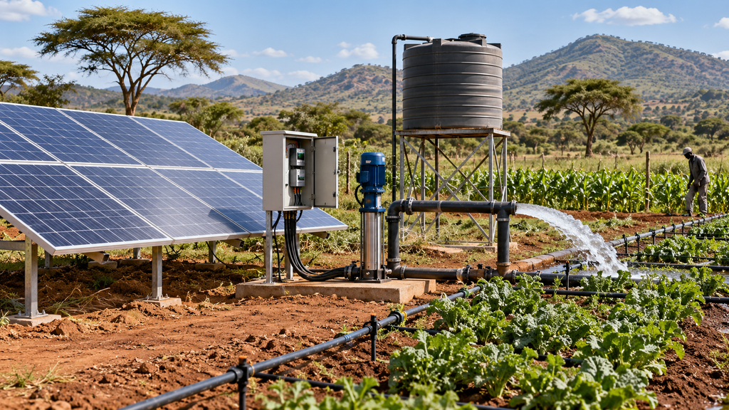 7.5kW solar borehole pump inverter installation with photovoltaic panels and irrigation water tank on a Kenyan farm