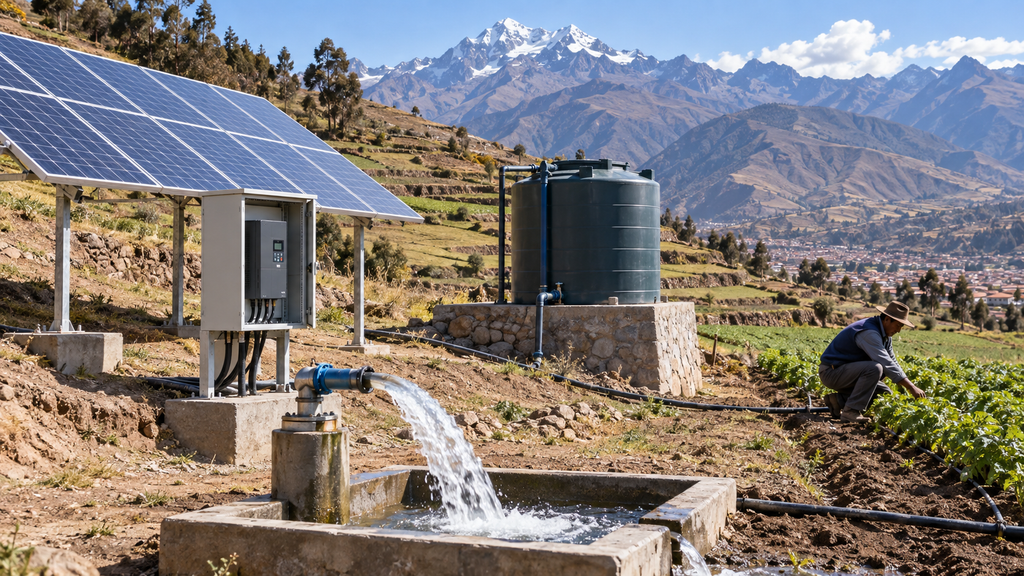 Bombeo solar de 5,5 kW en zona andina del Perú con paneles fotovoltaicos, depósito de agua y cultivo en altura
