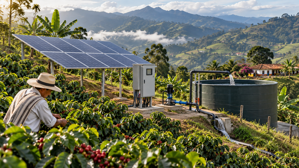 ¿Cómo utilizar una bomba solar de 11 kW para abastecer de agua una finca de café en Colombia?